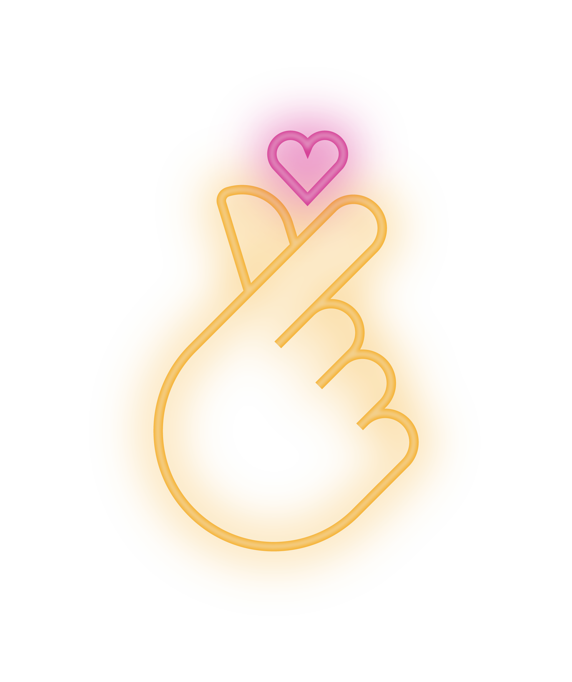Neon sign depicting a finger heart gesture with a glowing pink heart and vibrant yellow outline.