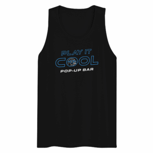 Black tank top featuring the 'Play It Cool Pop-Up Bar' logo in blue and white.