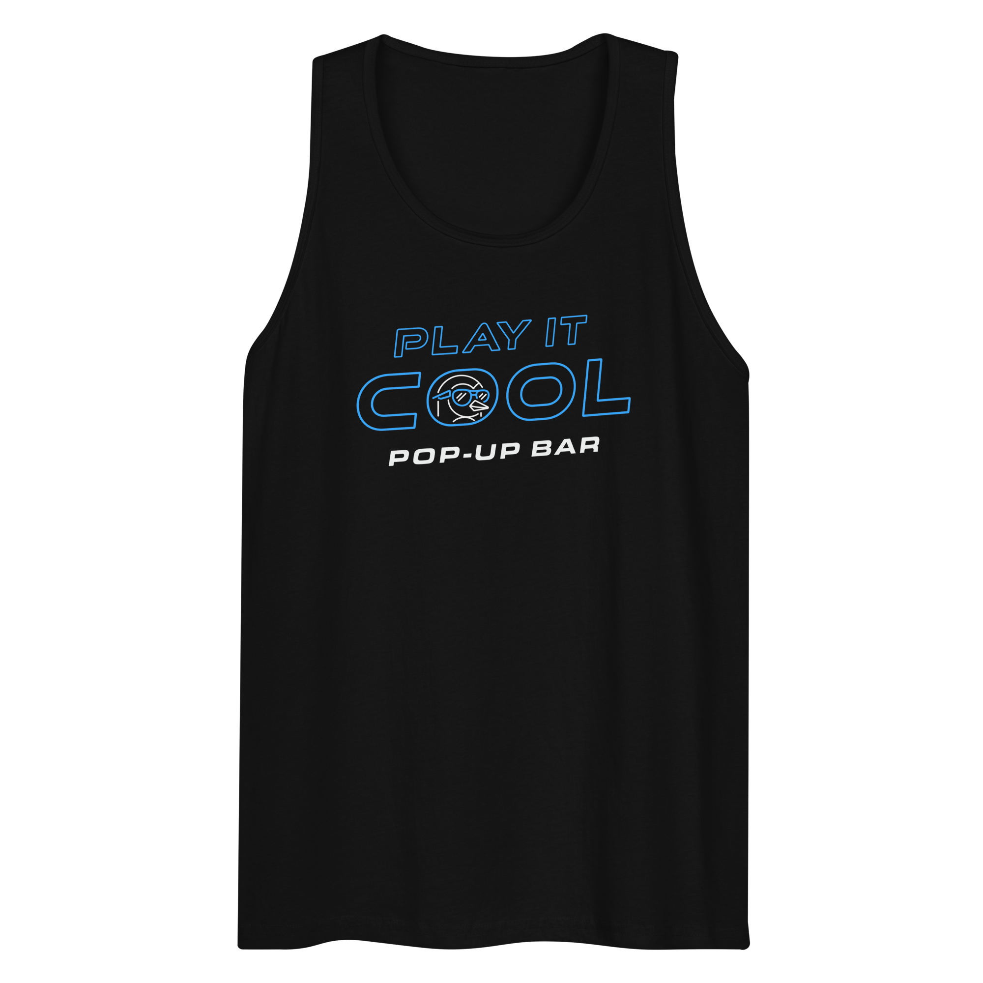 mens-premium-tank-top-black-front-6817e5b23a980.png Black tank top featuring the 'Play It Cool Pop-Up Bar' logo in blue and white.