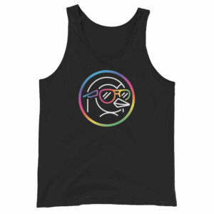 Black pride tank top featuring a penguin with rainbow sunglasses framed by a colorful circle.