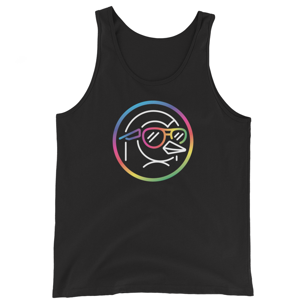 mens-staple-tank-top-black-front-6826374f2489f.png Black pride tank top featuring a penguin with rainbow sunglasses framed by a colorful circle.