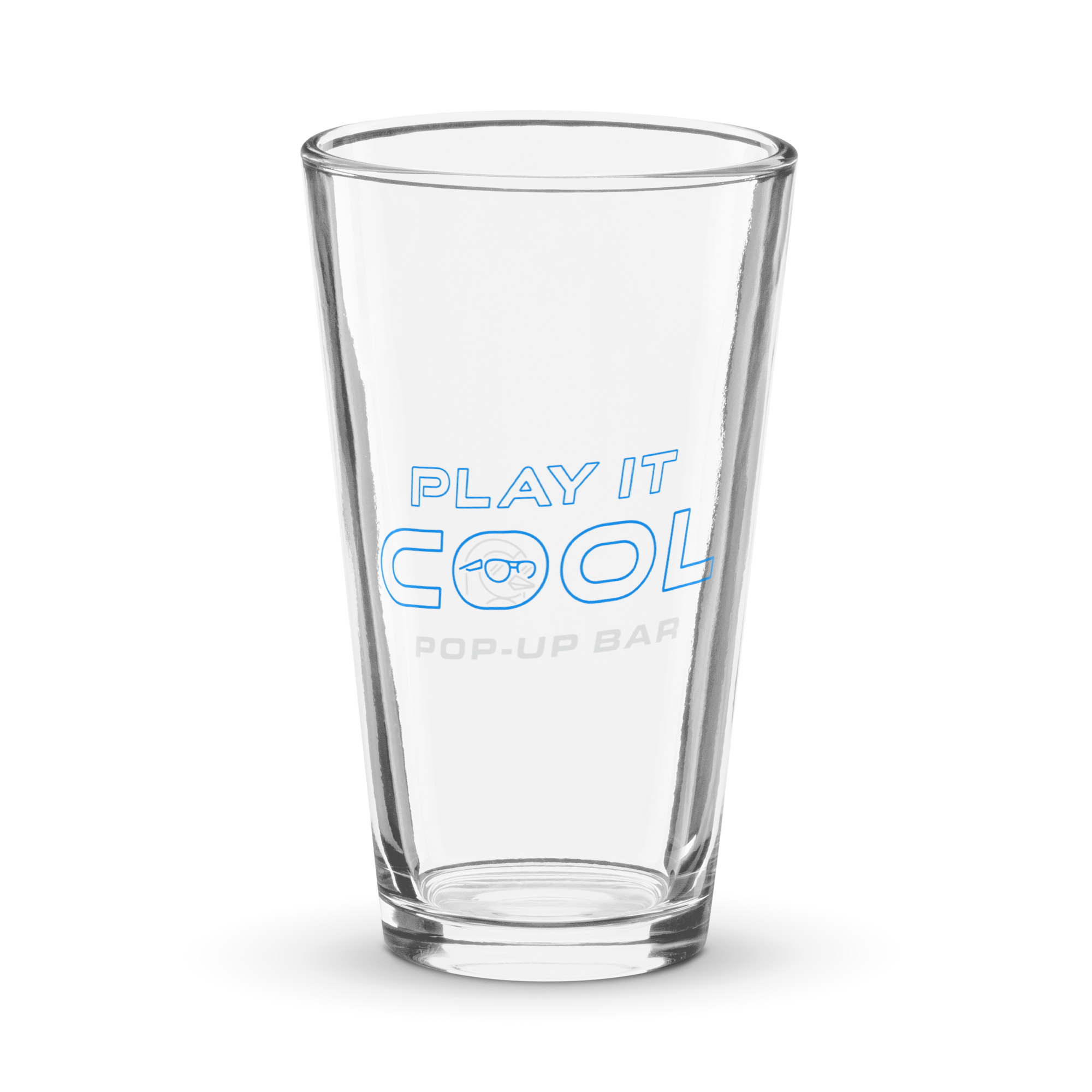 shaker-pint-glass-16-oz-16-oz-front-6817ff3d38704.png Shaker Pint Glass with 'Play It Cool Pop-Up Bar' logo in blue, featuring an icon of a dog wearing sunglasses.