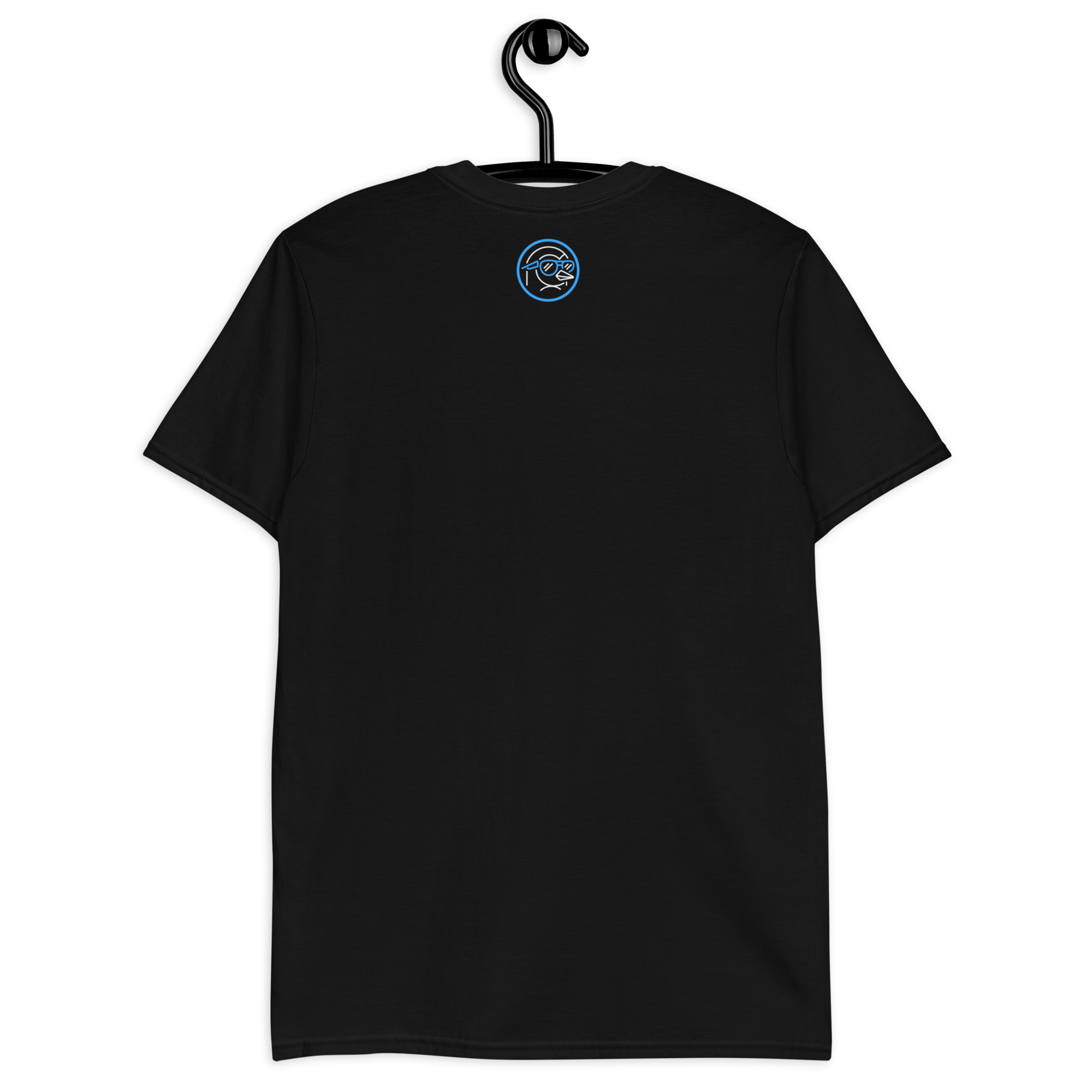 Black T-shirt featuring the "Play It Cool Pop-Up Bar" logo in blue on the back, displayed on a hanger.