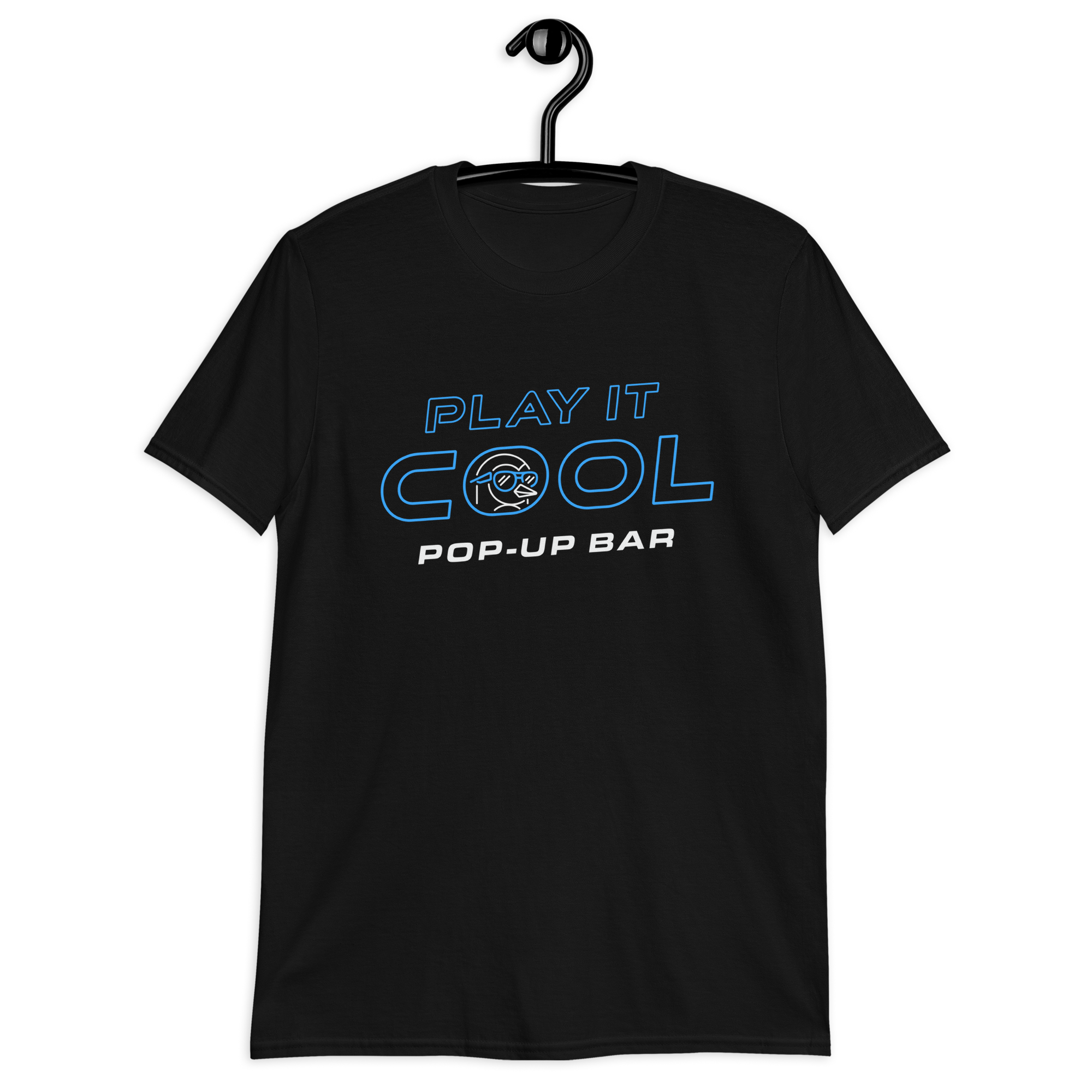 unisex-basic-softstyle-t-shirt-black-front-6817eb169e570.png "Play It Cool Pop-Up Bar" logo T-shirt in black, featuring blue and white text design with a stylized icon.