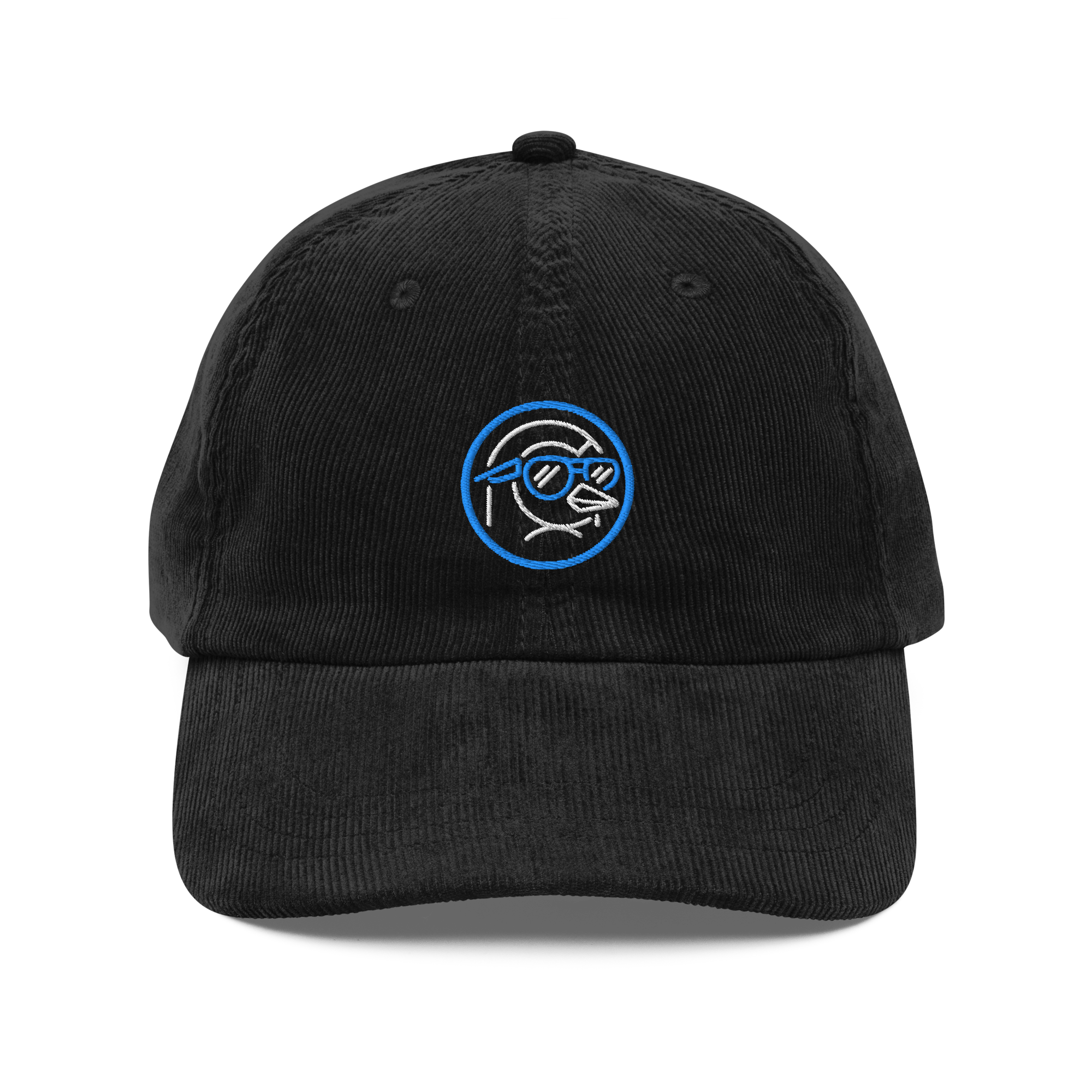 Black corduroy hat featuring a penguin logo with sunglasses, outlined in blue and white, on the front.